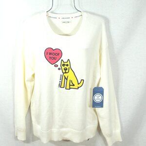 Life Is Good Women's Sweater Size L "I Woof You" Ivovy White Long Sleeve